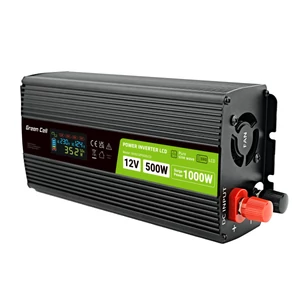 Green Cell Car Inverter from 12V to 230V voltage converter (voltage booster) 500W/1000W Pure sine wave, with LCD Display