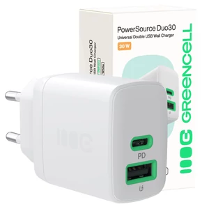 Greencell PowerSource Duo30 nabíjačka USB/USB-C biely napájací adaptér 30W zdroj