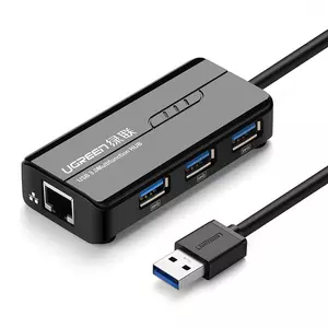 Ugreen multifunkcionális USB 3.0 HUB 3x USB/hálózati adapter RJ45 Giga Ethernet - fekete (20265)