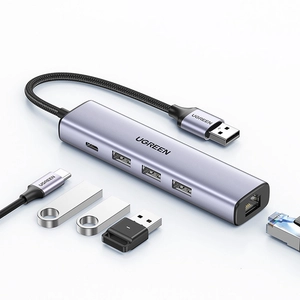 Ugreen multifunkcionális adapter HUB USB 3.0 - 3 x USB / Ethernet RJ-45 / USB Type C PD, szürke
