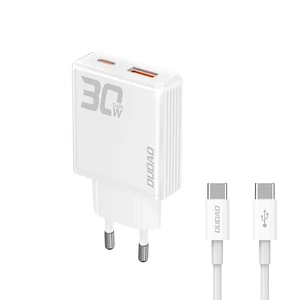 Dudao GaN A30EUT 30W USB-A / USB-C Nástenná Nabíjačka + USB-C - USB-C Kábel - Biela