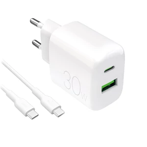 Puro PROLITE 30W USB-A / USB-C nástenná nabíjačka + USB-C - USB-C kábel 1,2m - biela