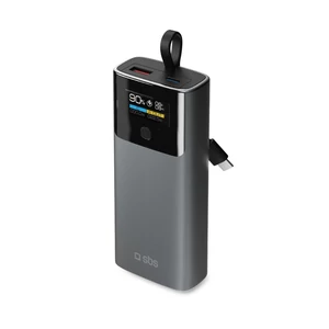 SBS 10000mAh PD 20W Powerbanka s LCD displejom a vstavaným USB-C káblom - Sivá