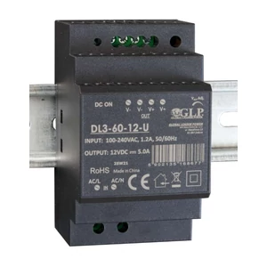 GLP DL3-60-12-U, GLP: Napájací zdroj 12V/5A/60W na DIN lištu, plastové puzdro, Uin = 90-264VAC