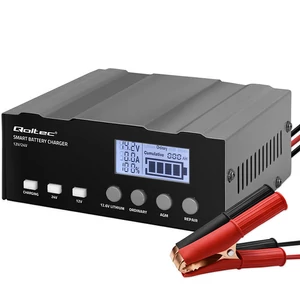 Qoltec Intelligent Microprocessor Charger 12V | 12.6V | 24V | Battery Charger with Repair Function for AGM, GEL, LiFePO4 Batteries | LCD