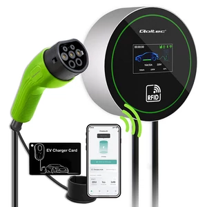 Qoltec EV Töltőállomás 2 az 1-ben Type2 | 22kW | Wi-fi | LCD | RFID | 3 fázis | Fali doboz | 5m