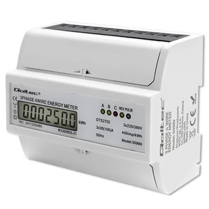 Trojfázový obojsmerný elektronický merač Qoltec | Merač energie na DIN lištu | 400V | 100A | LCD | 4P