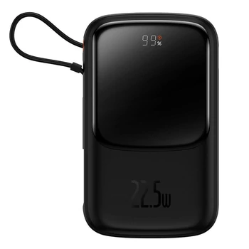 Powerbanka Baseus Qpow Digital Display s rýchlym nabíjaním 10000 mAh 22,5 W QC/PD/SCP/FCP so zabudovaným káblom USB-C v čiernej farbe