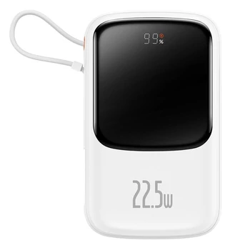 Powerbanka Baseus Qpow Digital Display s rýchlym nabíjaním 10000 mAh 22,5 W QC/PD/SCP/FCP so zabudovaným káblom USB-C v bielej farbe