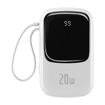 Baseus Qpow digitális kijelzős Power Bank gyors töltéssel 20000mAh 20W QC/PD/SCP/FCP beépített Lightning kábellel Fehér