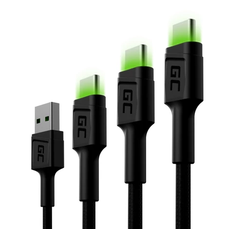 Green Cell Kábel Sada 3x GC Ray USB-C 30cm, 120cm, 200cm USB Dátový a nabíjací kábel zelené LED osvetlenie Ultra Charge rýchle nabíjanie QC 3.0 podpora