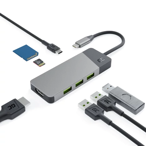 Green Cell adaptér HUB GC Connect 7v1 (3xUSB-A 3.1 HDMI 4K 60Hz USB-C PD 85W) pre Apple MacBook M1/M2, Lenovo X1, Asus ZenBook, Dell XPS
