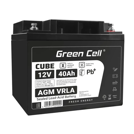 Green Cell CUBE AGM batéria IP54 12V 40Ah VRLA Gel hlboký cyklus, skúter, kosačka, loď, traktor