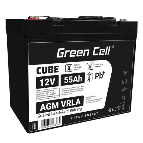 Green Cell CUBE AGM batéria IP54 12V 55Ah VRLA Gel hlboký cyklus, skúter, kosačka, loď, traktor