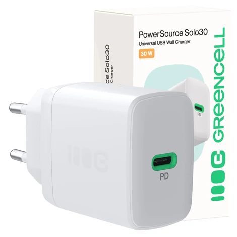 Greencell PowerSource Solo30 nabíjačka USB C biely napájací adaptér 30W zdroj