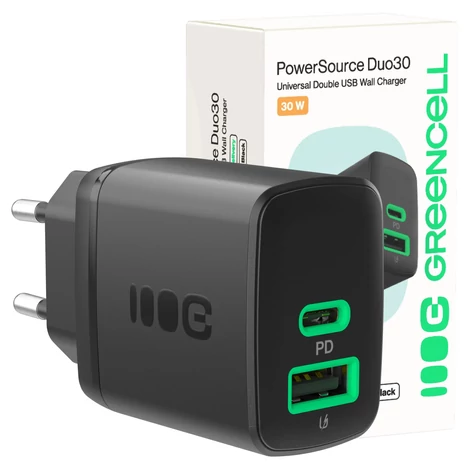 Nabíjačka Greencell PowerSource Duo30 USB/USB-C čierny napájací adaptér 30W napájanie