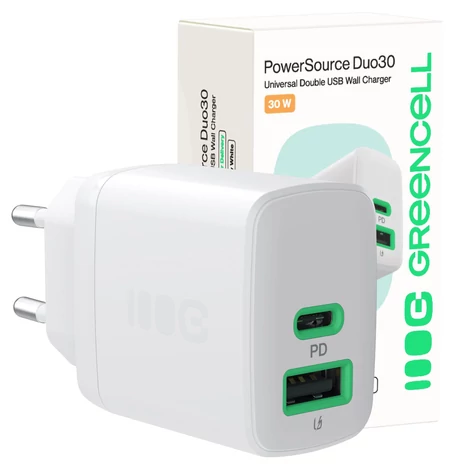 Greencell PowerSource Duo30 nabíjačka USB/USB-C biely napájací adaptér 30W zdroj