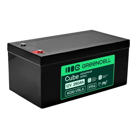 Greencell AGM VRLA 12V 250Ah karbantartásmentes akkumulátor hajókhoz, fotovoltaikus rendszerekhez, napelemekhez (520x268x225mm)