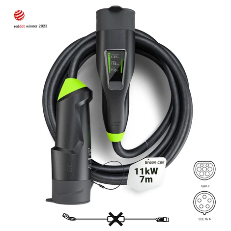 Green Cell Habu EV Mobile Charger 11 kW 7 m Type 2 to CEE 16 A for Charging Electric Vehicles EV PHEV 2in1 Wallbox with GC App