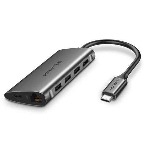 Ugreen USB Type C HUB 3x USB 3.0/Čítačka kariet SD a micro SD/RJ45 1000Mbps sieťový adaptér/HDMI - sivý (50538)