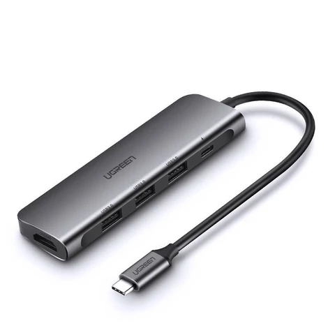Adaptér 4v1 UGREEN CM136 USB-C - HDMI 4K, 3x USB 3.0, Type-C PD + AUX hub (sivý)