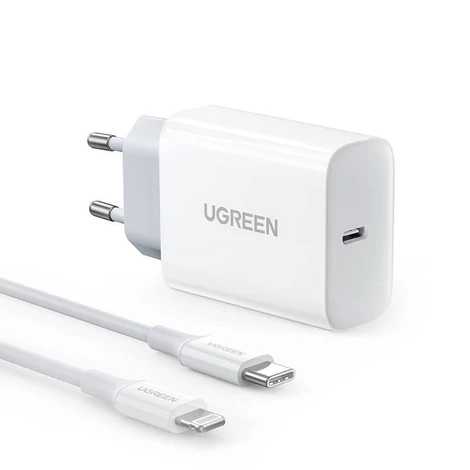 Sieťová nabíjačka UGREEN CD137, 20 W, PD 3.0, USB-C (biela) + kábel IP-USB-C (biely)