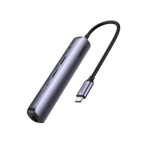 Adaptér 5 v 1 UGREEN CM418 USB-C - 2x USB 3.0, HDMI, RJ45, USB-C (sivý)