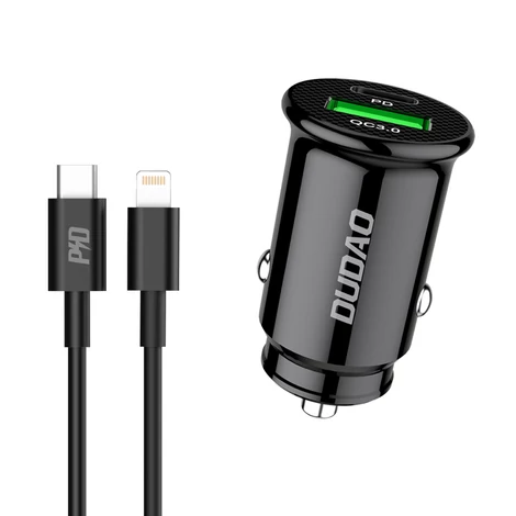 Dudao gyors autós töltő USB portokkal QC3.0 + Type C PD fekete + USB-C kábel - Lightning 18W, fekete (R3PRO)