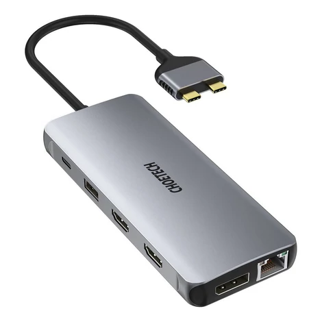 Choetech 12 v 1 multifunkčný HUB, 2x USB typu C - USB typu C Thunderbolt 3 100W / 2x HDMI + 1x DisplayPort 4K @ 60Hz / 2x USB 3.2 Gen 1 / 2x USB 2.0 / čítačka kariet SD a microSD / RJ45 Ethernet 1 Gbps / 3,5 mm mini jack pre MacBook Pro / Air,