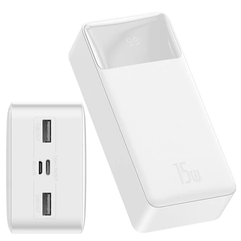 Baseus Bipow digitális kijelzős Power bank 30000mAh, 20W, 2x USB / USB Type C / micro USB, 15W, fehér (PPDML-K02)