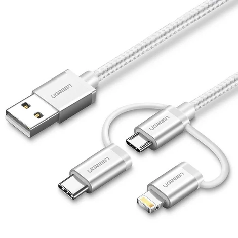 Kábel USB 3 v 1 UGREEN US186 Type-C / Micro USB / Lightning, 1 m (strieborný)