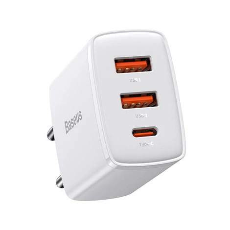 Kompaktná rýchlonabíjačka Baseus, 2xUSB, USB-C, PD, 3A, 30 W (biela)