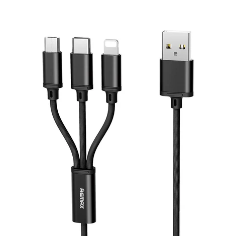 Remax Gition 3 az 1-ben nylon fonott USB - micro USB / Lightning / USB-C kábel, 2.8A, 1,15M, fekete