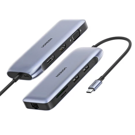Multifunkčný rozbočovač Ugreen 9 v 1 USB typu C - HDMI, DP, VGA, 2 x USB, RJ45 Ethernet, čítačka kariet SD/TF, USB typu C PD, 100 W, sivá (CM274)