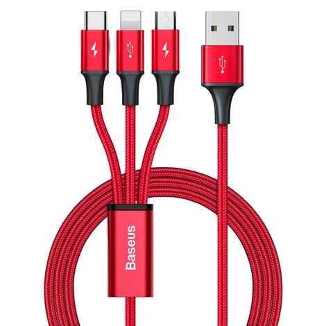 Baseus 3 az 1-ben kábel USB csatlakozókkal - USB Type C / Lightning / micro USB, 1.2m, 3.5A, piros (CAJS000009)