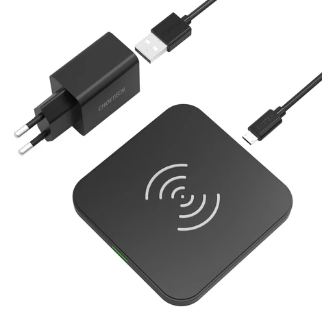 Choetech töltőkészlet, Qi 10W vezeték nélküli töltő fülhallgatóhoz, telefonhoz (T511-S) + QC3.0 18W 3A fali töltő (Q5003) + USB - microUSB kábel 1,2m fekete (T511-S-EU201ABBK)