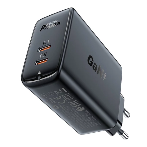 Acefast A29 PD50W GaN (USB-C + USB-C) kettős portos töltő fekete