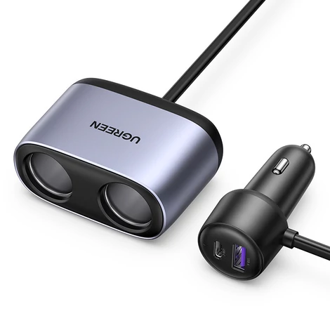 Nabíjačka do auta Ugreen USB / USB typu C s 2x autozásuvkou, sivá (30886)