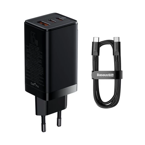 Baseus GaN3 Pro gyors univerzális GaN töltő 2 x USB Type C / USB 65W PD3.0, QC4.0 +, AFC fekete + USB Type C - USB Type C kábel 1m (CCGP050101)