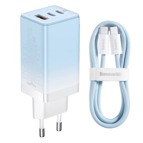 Baseus CCGP050103 DZ-HW Baseus GaN3 Pro gyorstöltő 2C+U 65W EU Cloud Blue (a Dynamic Series gyors töltő adatátviteli kábellel Type-C Type-C 100W 1m kék)