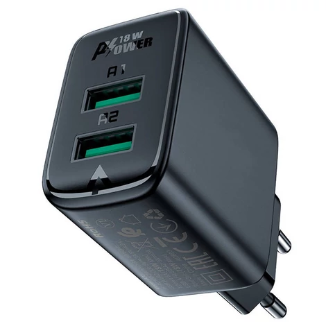 Acefast A33 Fali töltő, 2x USB, 18W, QC3.0 (fekete)