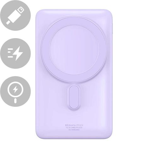 Baseus mágneses vezeték nélküli gyorstöltő Power Bank 10000mAh 20W lila + Gyorstöltő kábel C-típusú 60W (20V / 3A) 50cm fehér