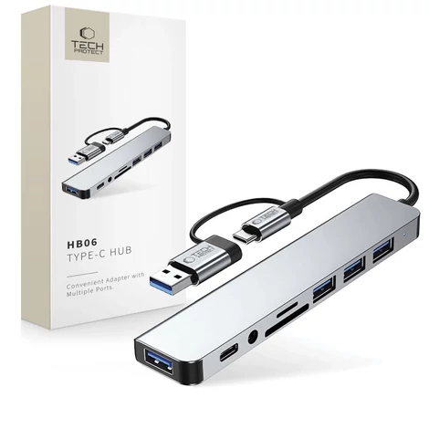 Tech-Protect HB06 HUB Adaptér 8v1 TYPE-C + USB2.0 + USB3.0 + SD/TF + AV3.5 - sivý