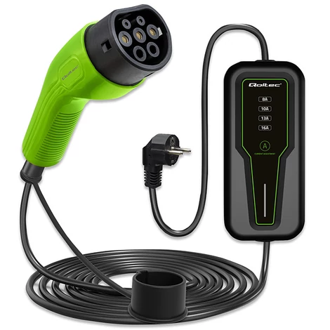 Qoltec Mobilná nabíjačka pre EV 2-v-1 Typ2 s reguláciou | 3,5kW | 230V | LCD | Prenosná | 4m