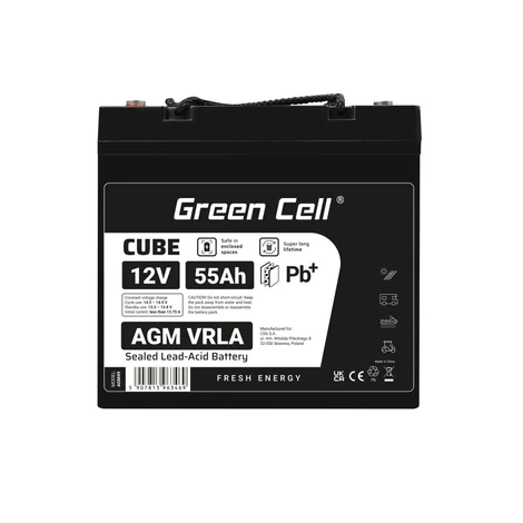 Green Cell CUBE AGM akkumulátor IP54 12V 55Ah VRLA Gél deep cycle mélyciklikus, robogó, kasza, csónak, traktor