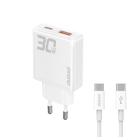 Dudao GaN A30EUT 30W USB-A / USB-C Nástenná Nabíjačka + USB-C - USB-C Kábel - Biela