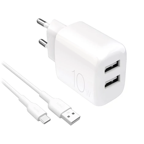 Puro PROLITE 10W 2x USB-A fali töltő + USB-A - USB-C kábel 1,2m - fehér