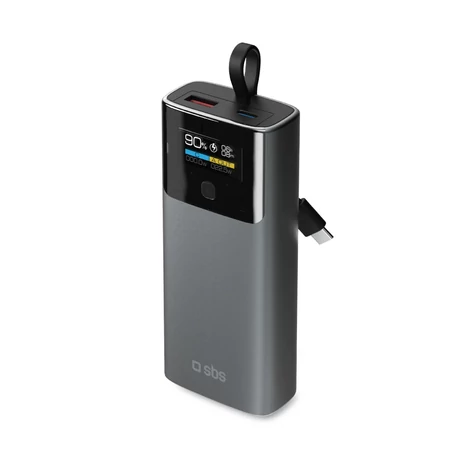 SBS 10000mAh PD 20W Powerbanka s LCD displejom a vstavaným USB-C káblom - Sivá