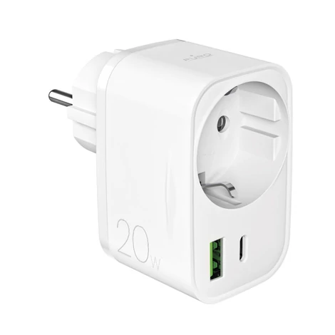 Puro 20W Power Delivery töltő Schuko dugóval és aljzattal 1x USB-C + 1x USB-A - Fehér
