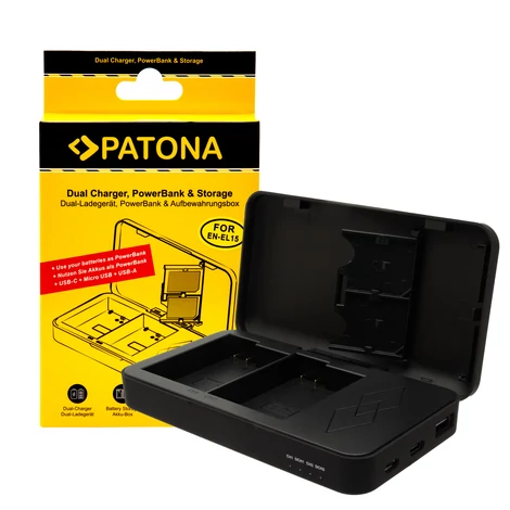 PATONA kettős töltő Nikon EN-EL15 D500 D750 D780 D800 Z5 Z6 Z6 II Z7 készülékhez power bank funkcióval és memóriakártya tárolással